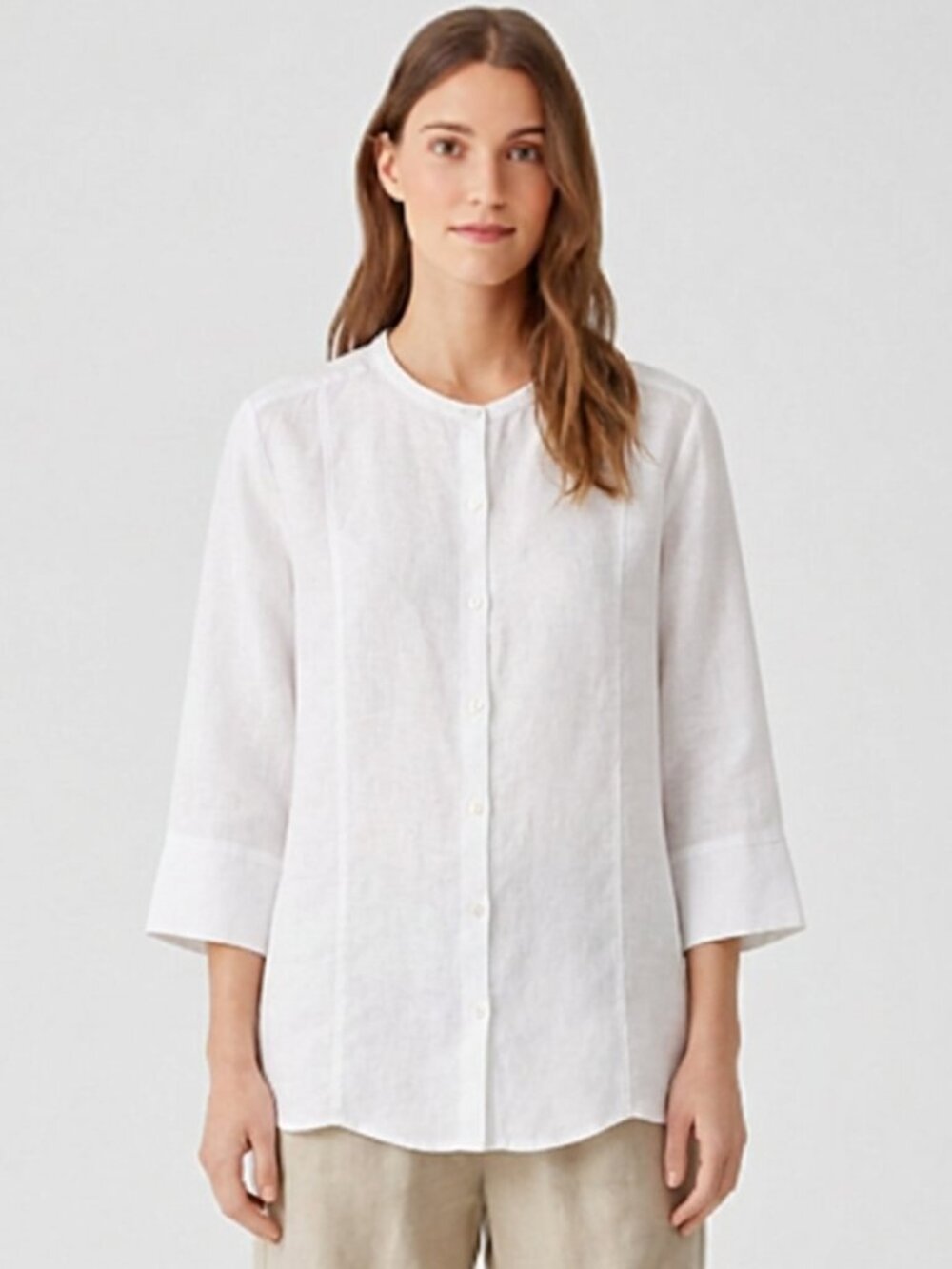 Eileen Fisher White Organic Linen Mandarin Collar Button Down Shirt XL 1X 16 18